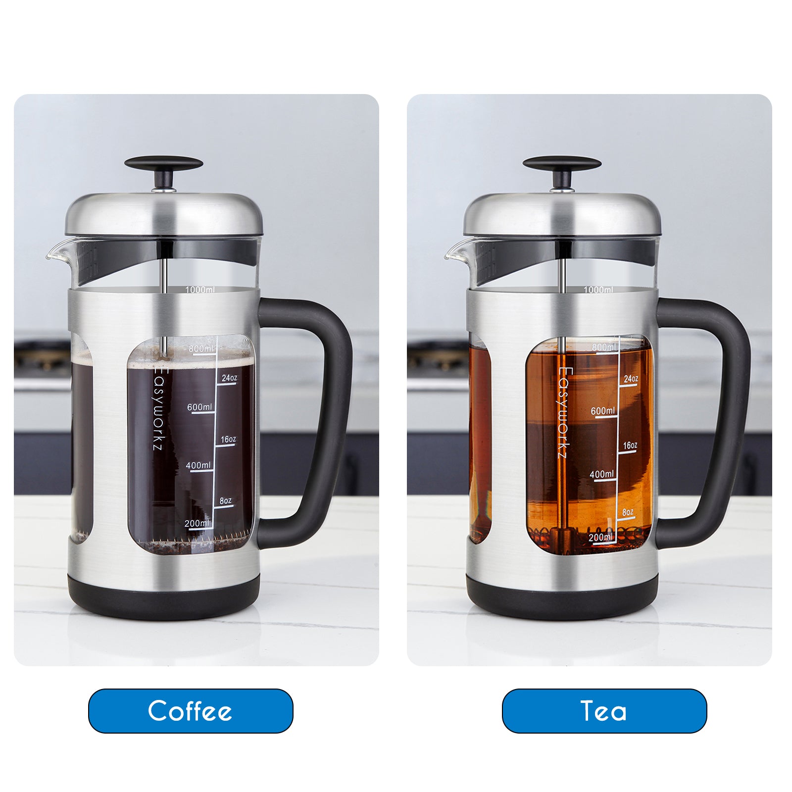Easyworkz French Press 34 fl.oz / 1000 ml Kaffee- und Teebereiter aus Borosilikatglas mit Soft-Touch-Griff, Silber