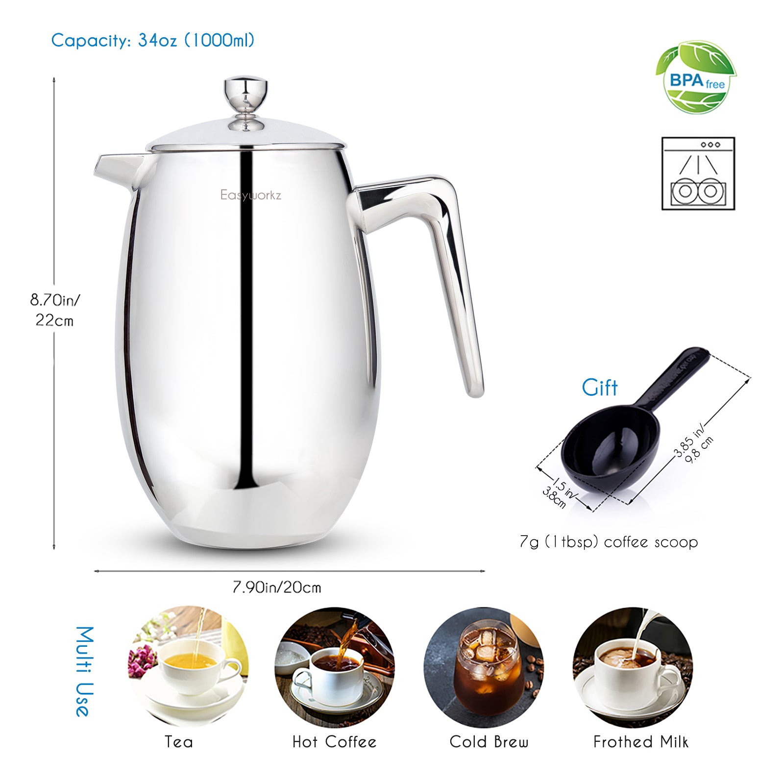 Easyworkz Nando French Press 34 fl.oz / 1000ml Doppelwandige isolierte Thermokaffeemaschine 304 Edelstahl Cafetiere