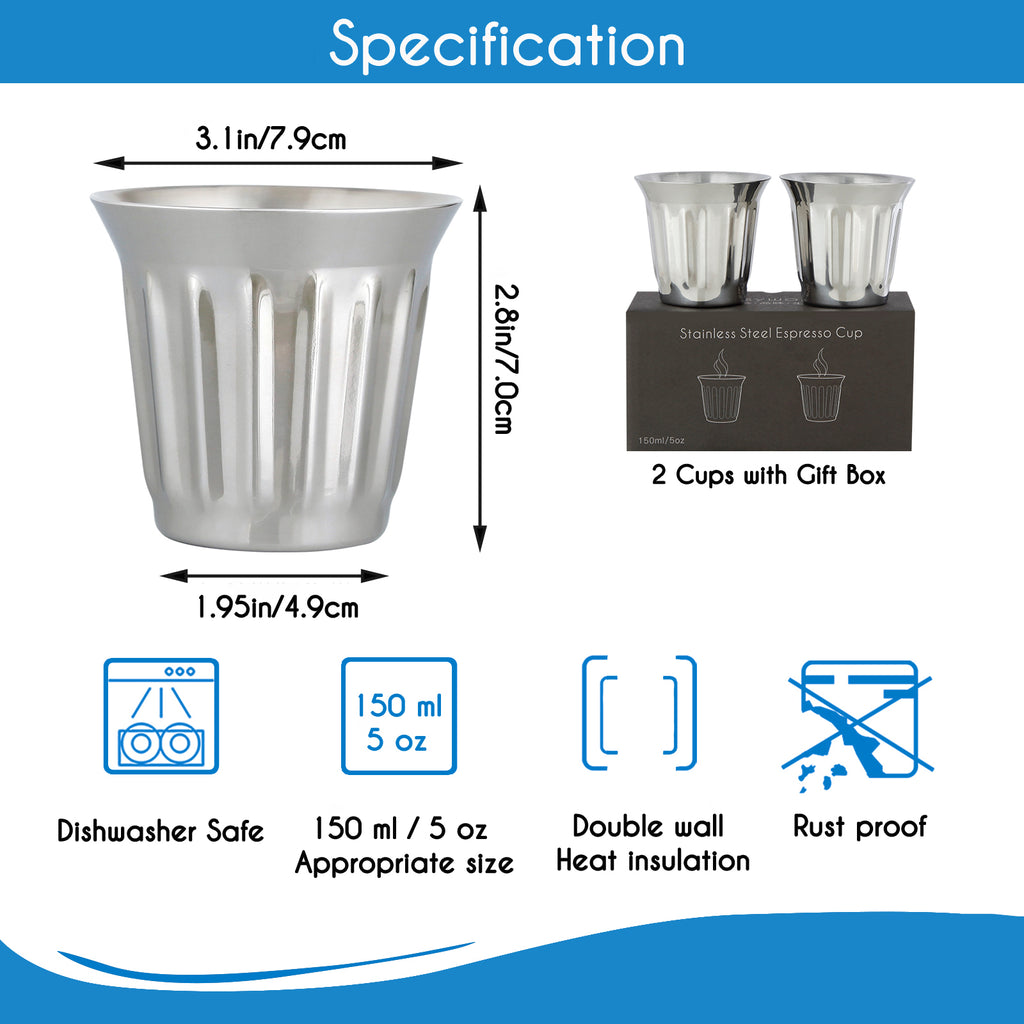 Easyworkz Stainless Steel Espresso Cup 2pcs Set Double Wall Insulated Metal Demitasse Cups 5 fl.oz/ 150 ml