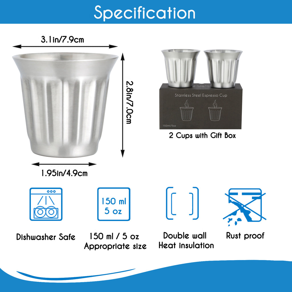 Easyworkz Stainless Steel Espresso Cup 2pcs Set Double Wall Insulated Metal Demitasse Cups 5 fl.oz/ 150 ml