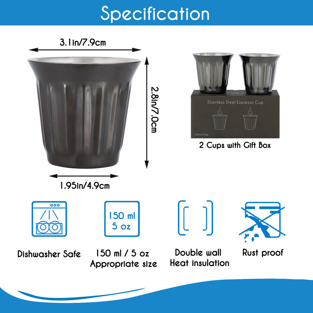 Easyworkz Stainless Steel Espresso Cup 2pcs Set Double Wall Insulated Metal Demitasse Cups 5 fl.oz/ 150 ml, Gunmetal