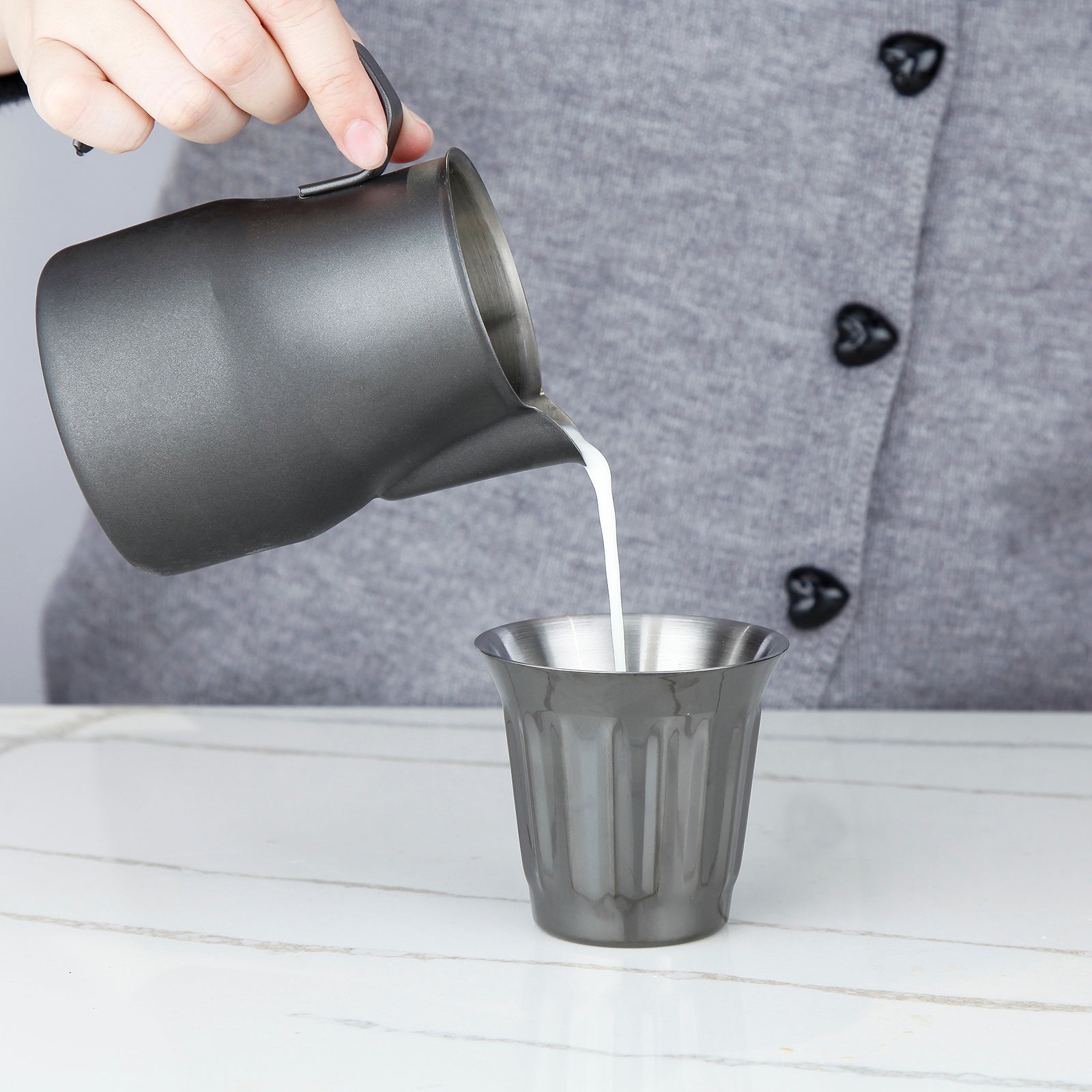Easyworkz Stainless Steel Espresso Cup 2pcs Set Double Wall Insulated Metal Demitasse Cups 5 fl.oz/ 150 ml, Gunmetal