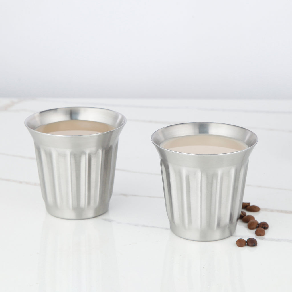 Easyworkz Stainless Steel Espresso Cup 2pcs Set Double Wall Insulated Metal Demitasse Cups 5 fl.oz/ 150 ml, Brushed Silver