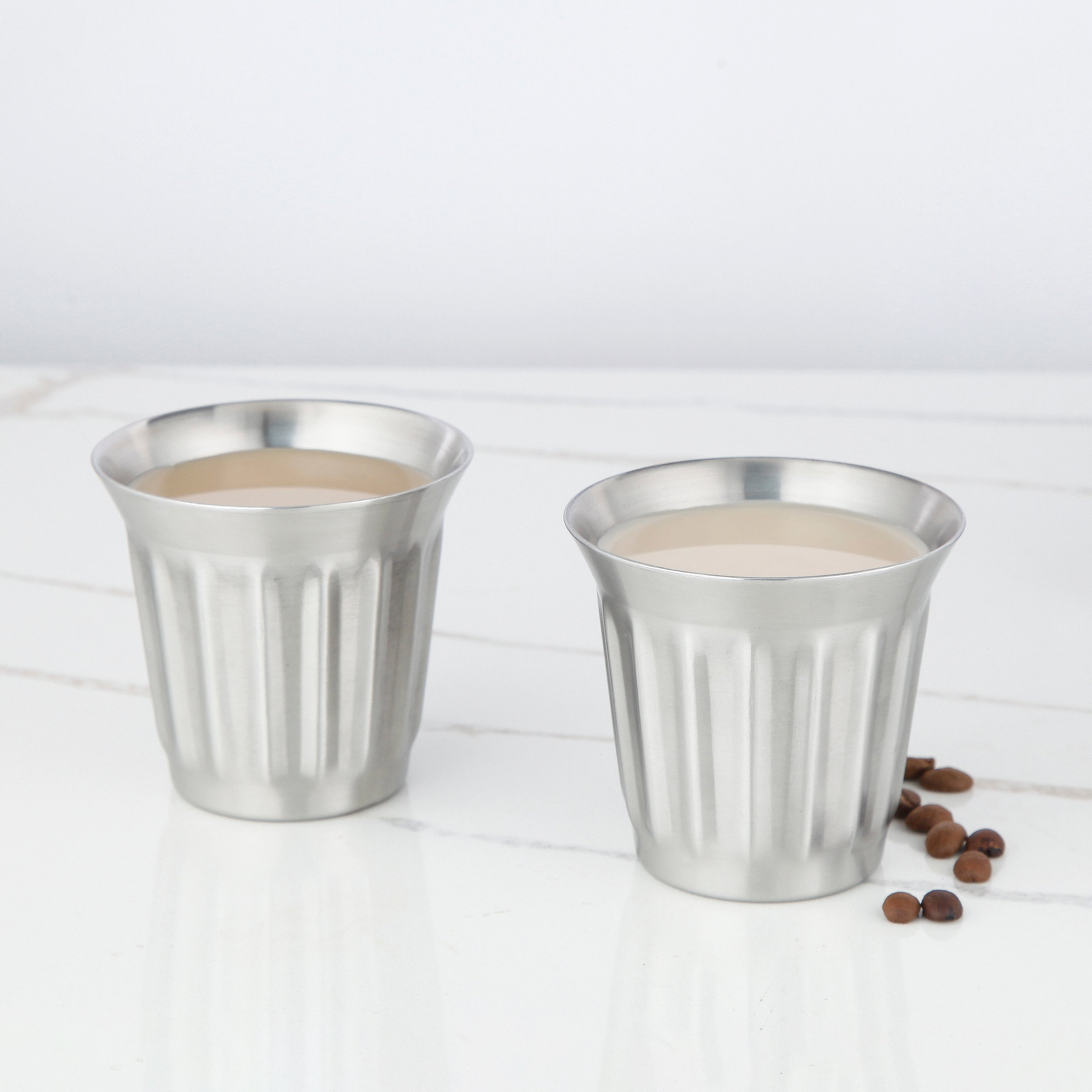 Easyworkz Stainless Steel Espresso Cup 2pcs Set Double Wall Insulated Metal Demitasse Cups 5 fl.oz/ 150 ml, Brushed Silver