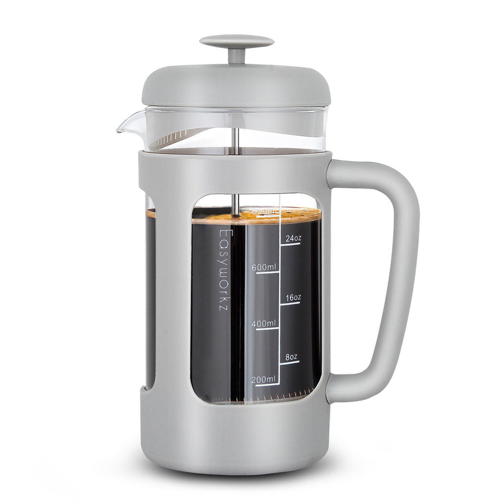 Easyworkz French Press 34 fl.oz / 1000 ml Coffee Tea Maker with Borosilicate Glass,Soft Grip Handle, Light Grey
