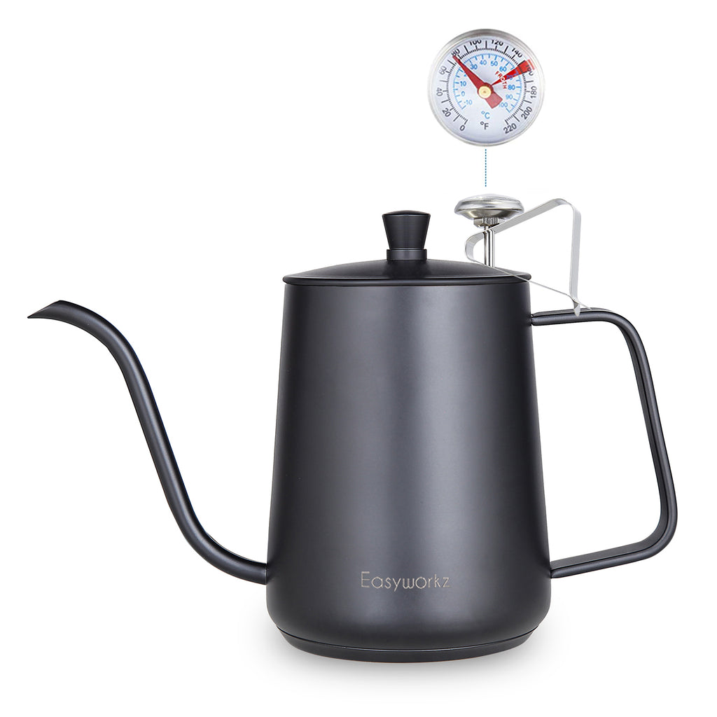 Easyworkz Gooseneck Pour Over Coffee Kettle 30 fl oz / 900 ml Stainless Steel Hand Drip Coffee Pot with Long Narrow Spout Suitable for Induction Cookers, Black with Thermometer