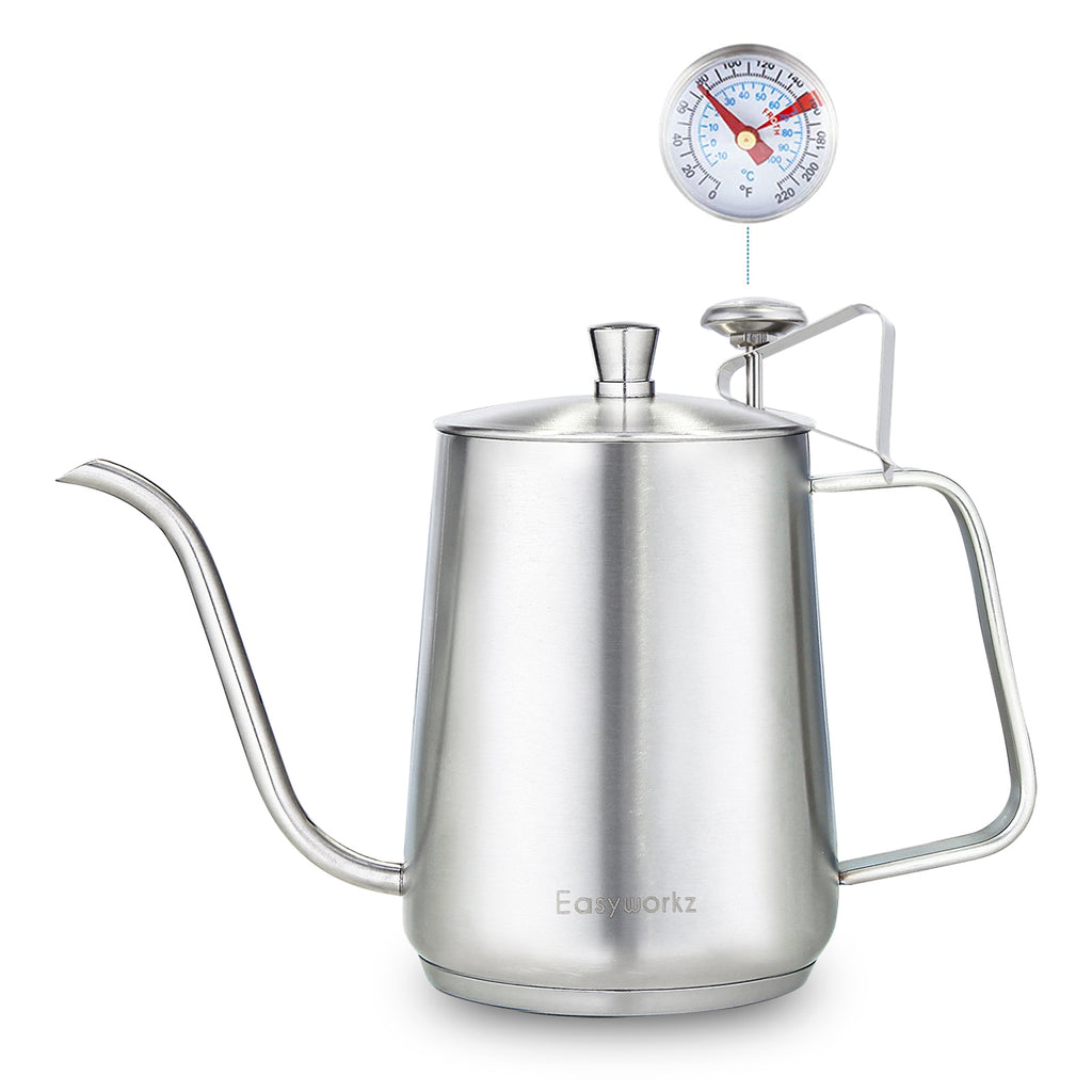 Easyworkz Gooseneck Pour Over Coffee Kettle 30 fl oz / 900 ml Stainless Steel Hand Drip Coffee Pot with Long Narrow Spout Suitable for Induction Cookers, Silver with Thermometer