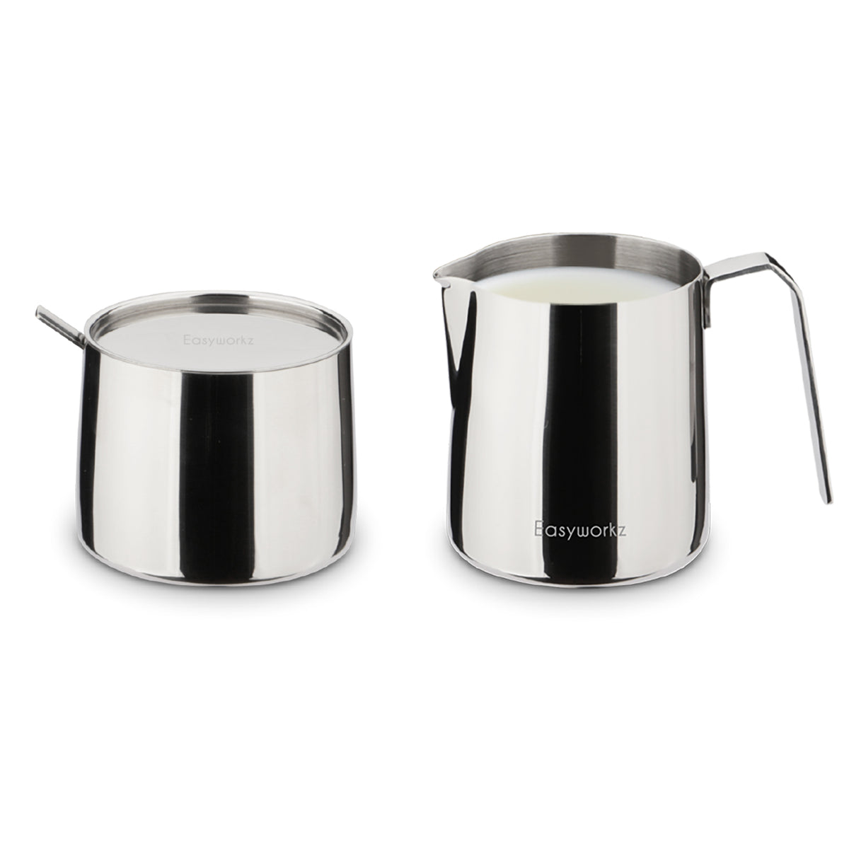 Easyworkz Zuckerdose und Milchkännchen-Set aus Edelstahl, mit Löffel und tropffreiem Ausgießer, stapelbares Design