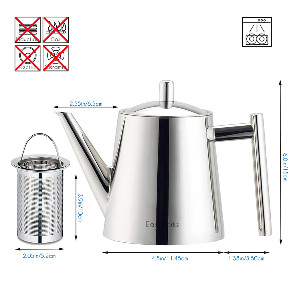 Easyworkz Stainless Steel Teapot with Removeable Infuser Stovetop Tea Maker for Fruit Herbal and Infusion Tea, 34 fl.oz / 1000ml / Double Wall (Not Applicable for Stovetops)