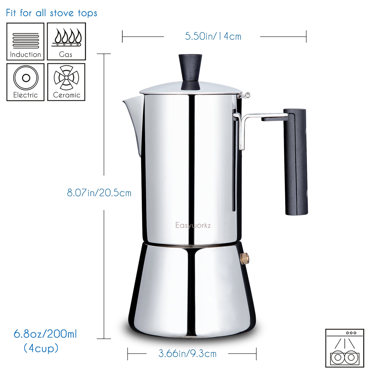 Easyworkz Pedro Espressokocher 200 ml, Edelstahl, italienischer Kaffeekocher, Mokkakanne, Induktions-Espressokanne