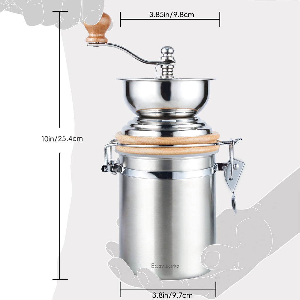 Easyworkz Manual Coffee Grinder - Adjustable Settings Airtight Canister - Coffee Bean Mill Tool for Kitchen Hand Crank Coffee Grinder