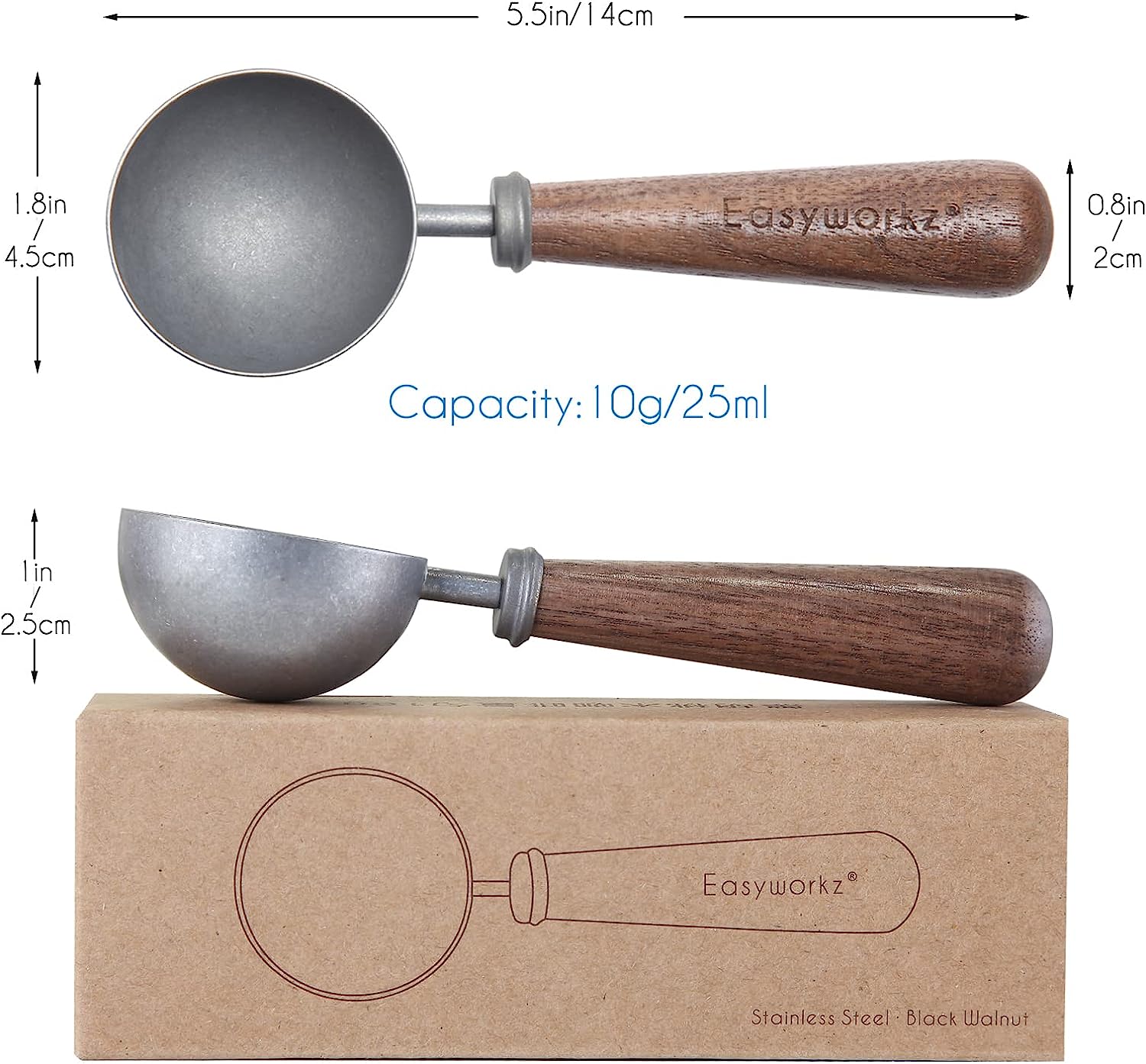 Cuillère à café Easyworkz rétro en acier inoxydable avec manche en noyer noir, cuillère doseuse de 10 g, vintage