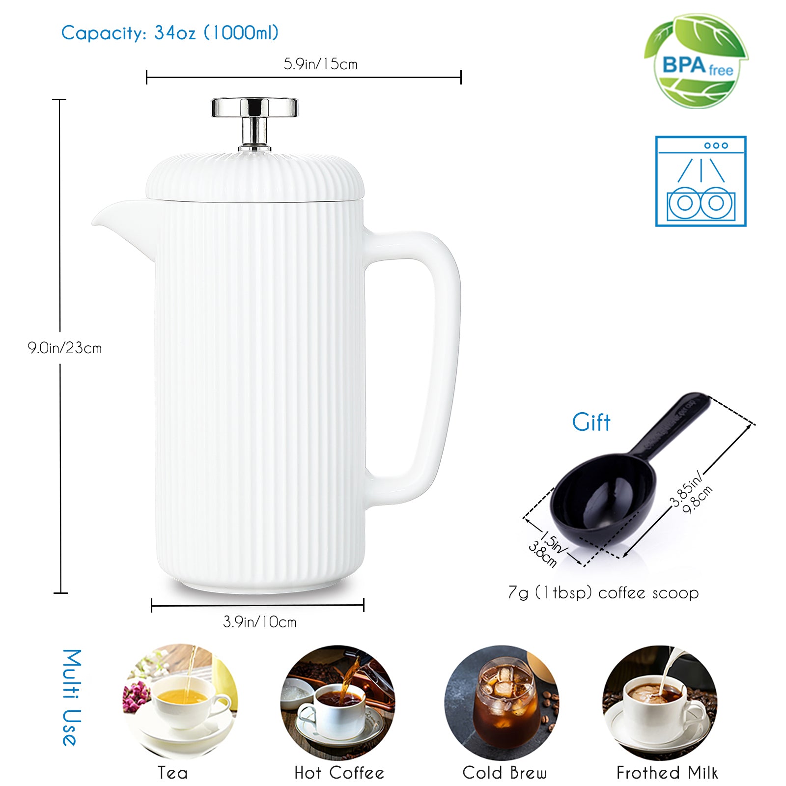 Easyworkz Porcelain French Press, Coffee Maker with Stainless Steel Pl