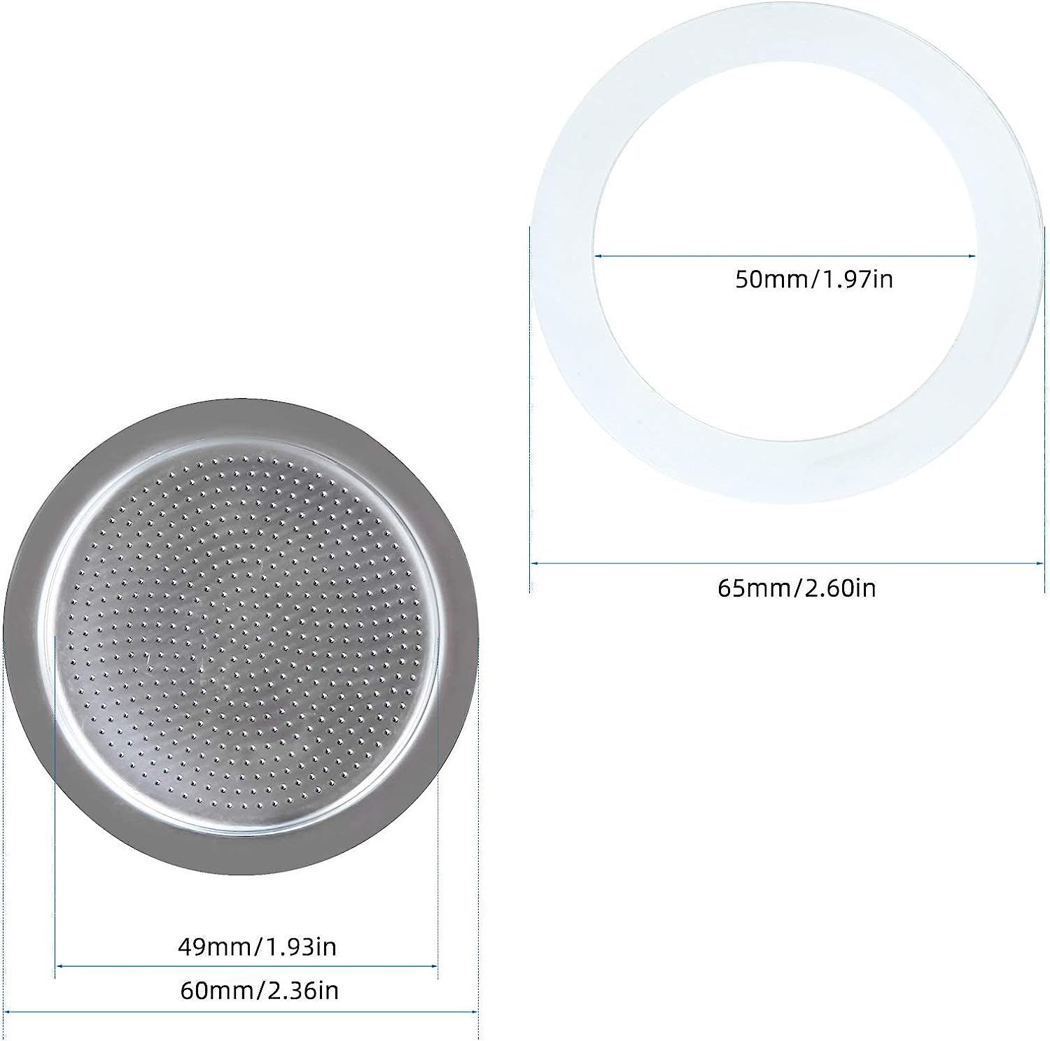 Easyworkz Stainless Steel Coffee Funnel Filter and Reducer & Set of Silicone Gasket Seals and Filter Screen, Espresso Maker Replacement