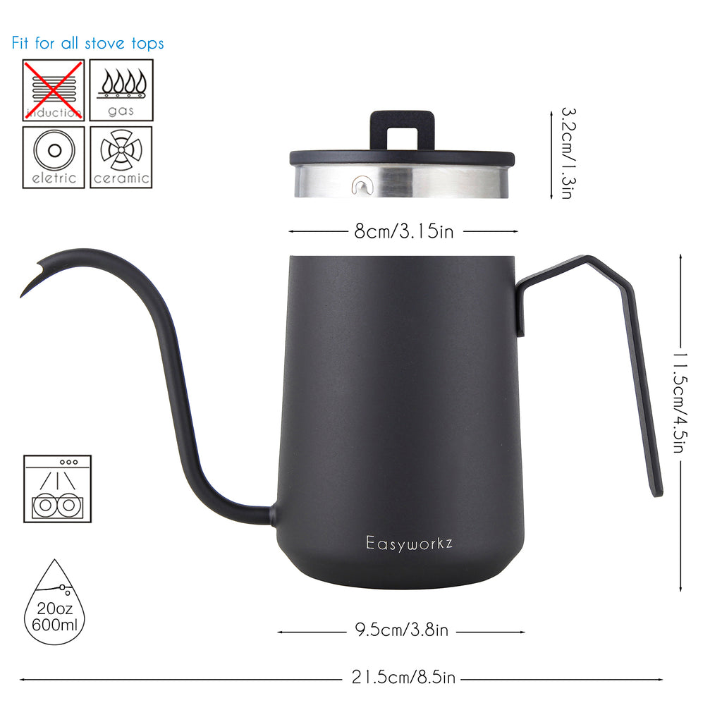 Gooseneck Pour Over Coffee Kettle 20 oz Stainless Steel Hand Drip Coffee Pot With Long Narrow Spout