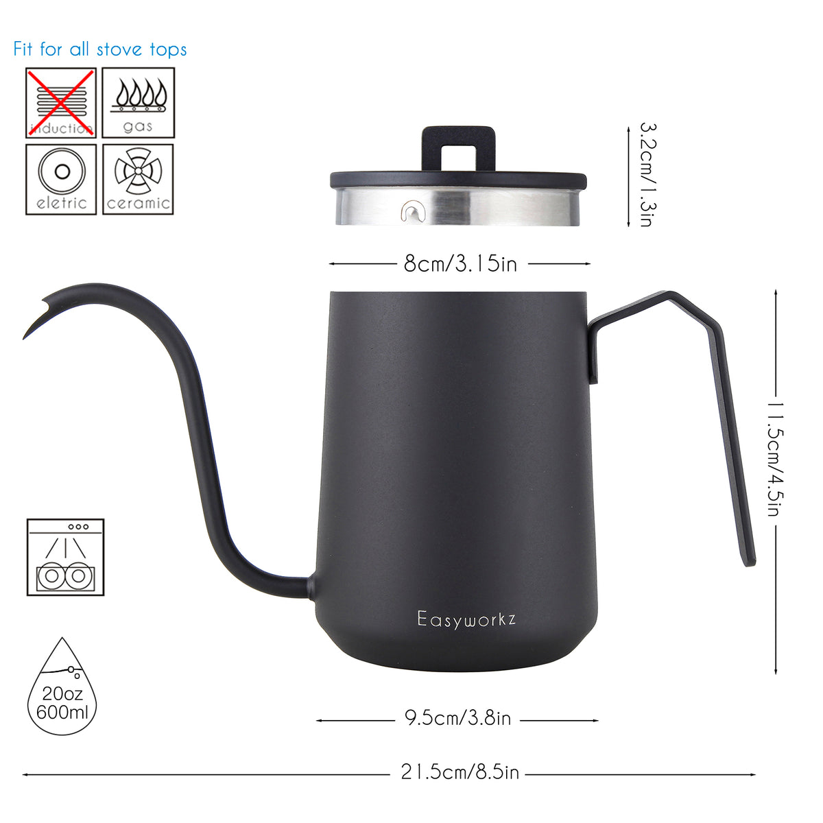 Gooseneck Pour Over Coffee Kettle 20 oz Stainless Steel Hand Drip Coffee Pot With Long Narrow Spout