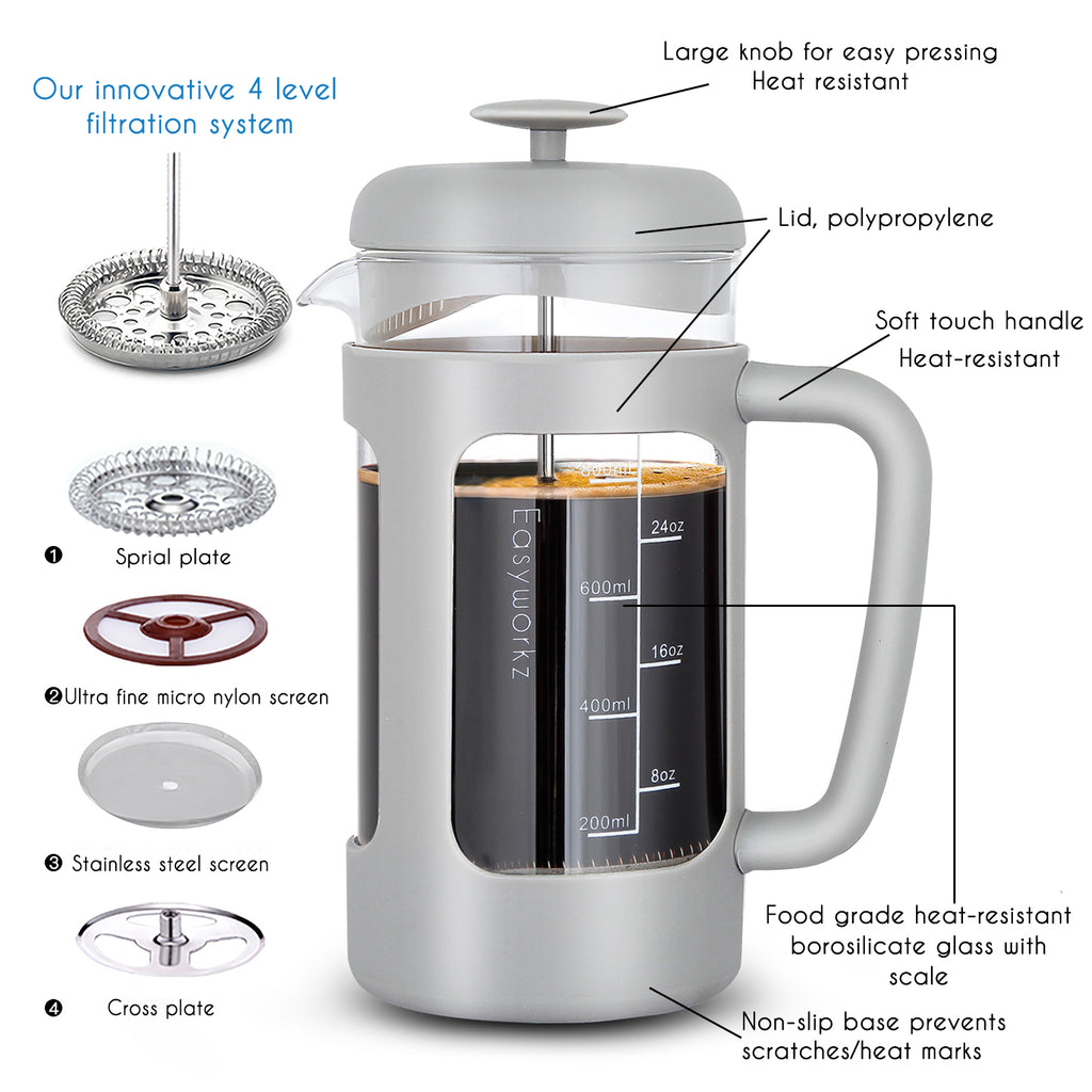 Easyworkz French Press 34 fl.oz / 1000 ml Coffee Tea Maker with Borosilicate Glass,Soft Grip Handle, Light Grey