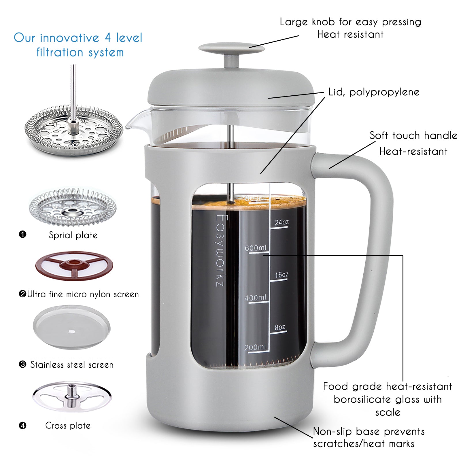 Easyworkz French Press 34 fl.oz / 1000 ml Coffee Tea Maker with Borosilicate Glass,Soft Grip Handle, Light Grey