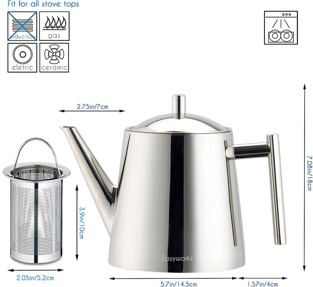 Easyworkz Stainless Steel Teapot with Removeable Infuser Stovetop Tea Maker for Fruit Herbal and Infusion Tea, 50 fl.oz / 1500 ml