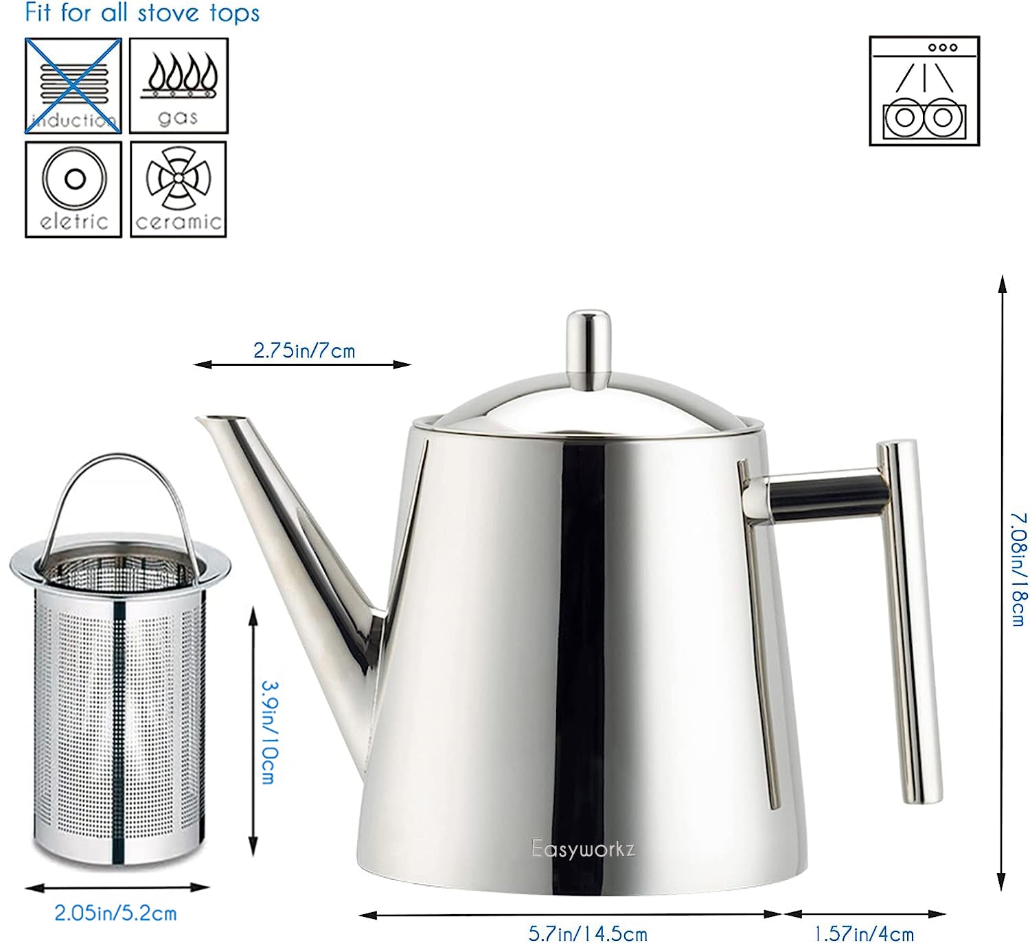 Easyworkz Stainless Steel Teapot with Removeable Infuser Stovetop Tea Maker for Fruit Herbal and Infusion Tea, 50 fl.oz / 1500 ml