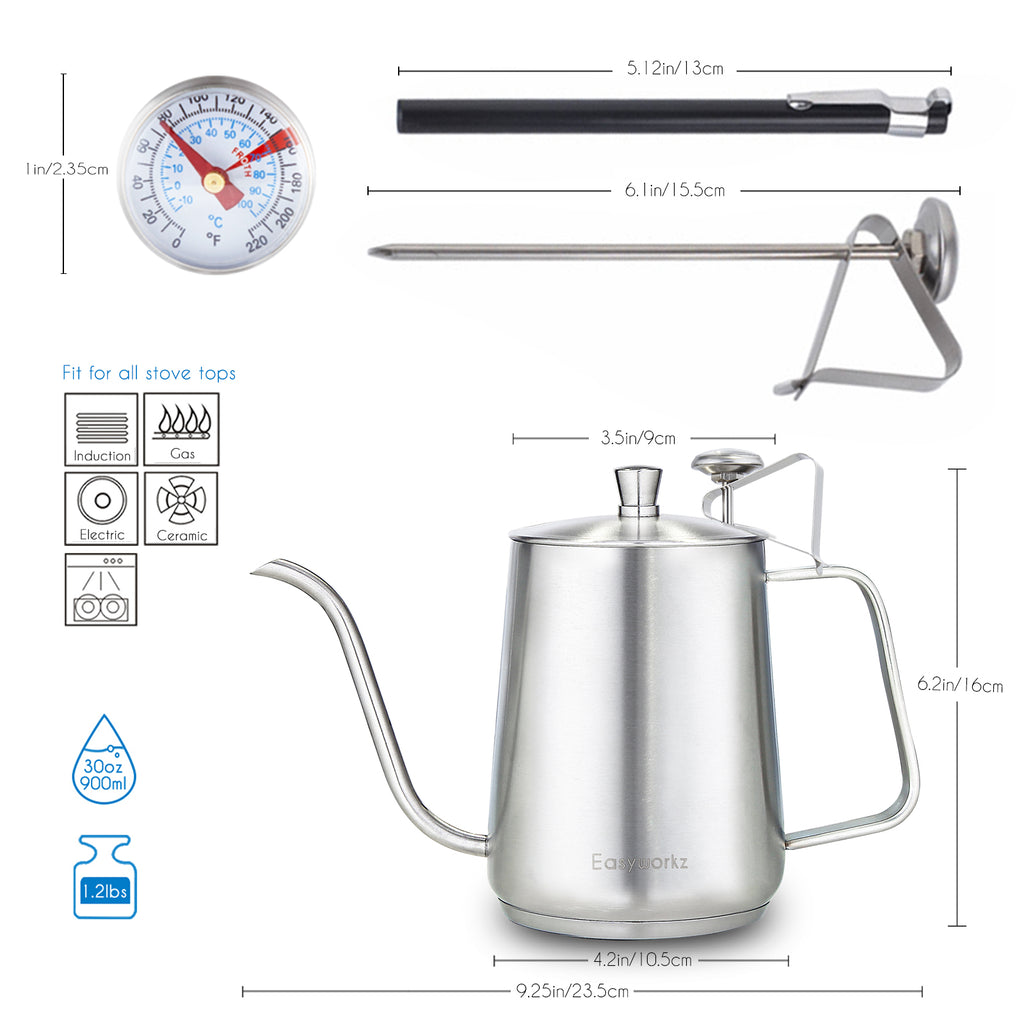 Easyworkz Gooseneck Pour Over Coffee Kettle 30 fl oz / 900 ml Stainless Steel Hand Drip Coffee Pot with Long Narrow Spout Suitable for Induction Cookers