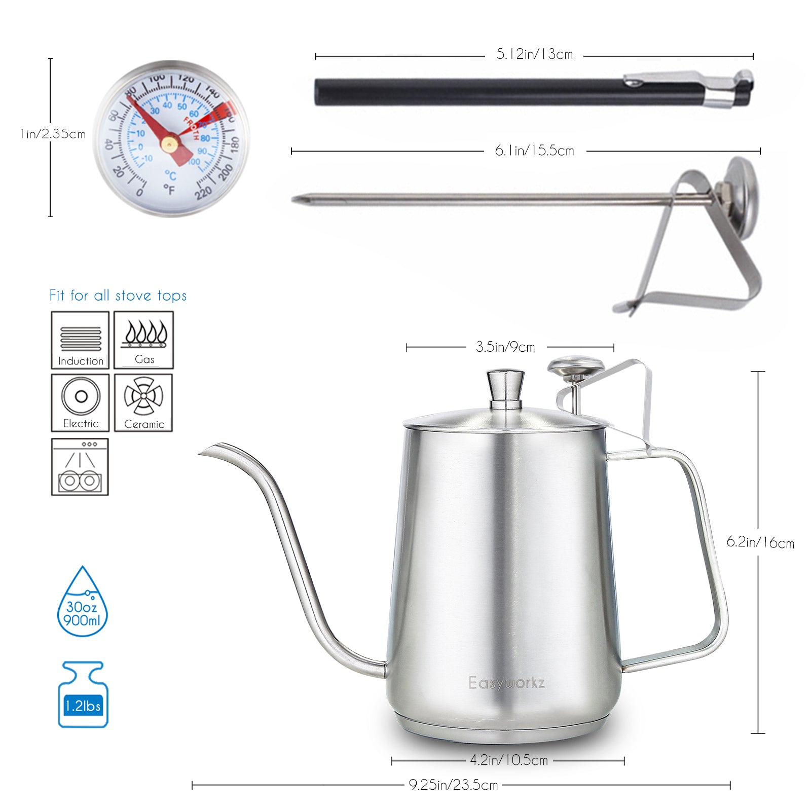 Bouilloire à café à col de cygne Easyworkz, 900 ml, en acier inoxydable, pot à café manuel avec bec verseur long et étroit, adaptée aux cuisinières à induction, argentée avec thermomètre