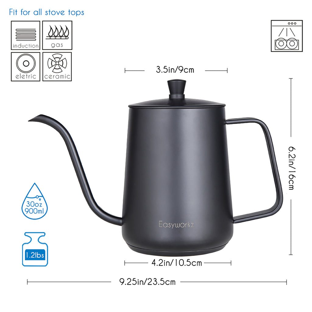 Easyworkz Gooseneck Pour Over Coffee Kettle 30 fl oz / 900 ml Stainless Steel Hand Drip Coffee Pot with Long Narrow Spout Suitable for Induction Cookers