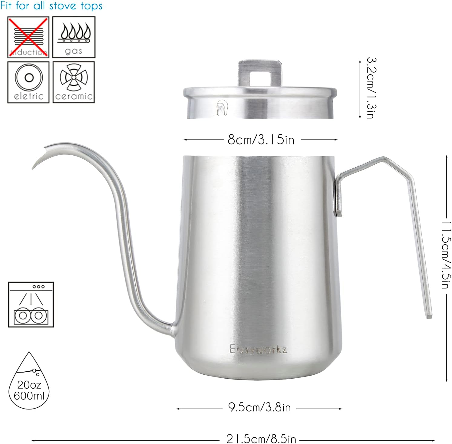 Gooseneck Pour Over Coffee Kettle 20 oz Stainless Steel Hand Drip Coffee Pot With Long Narrow Spout