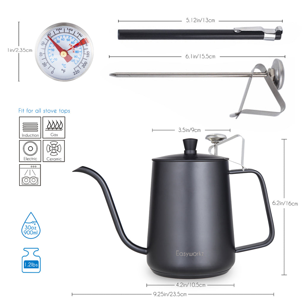 Easyworkz Gooseneck Pour Over Coffee Kettle 30 fl oz / 900 ml Stainless Steel Hand Drip Coffee Pot with Long Narrow Spout Suitable for Induction Cookers, Black with Thermometer