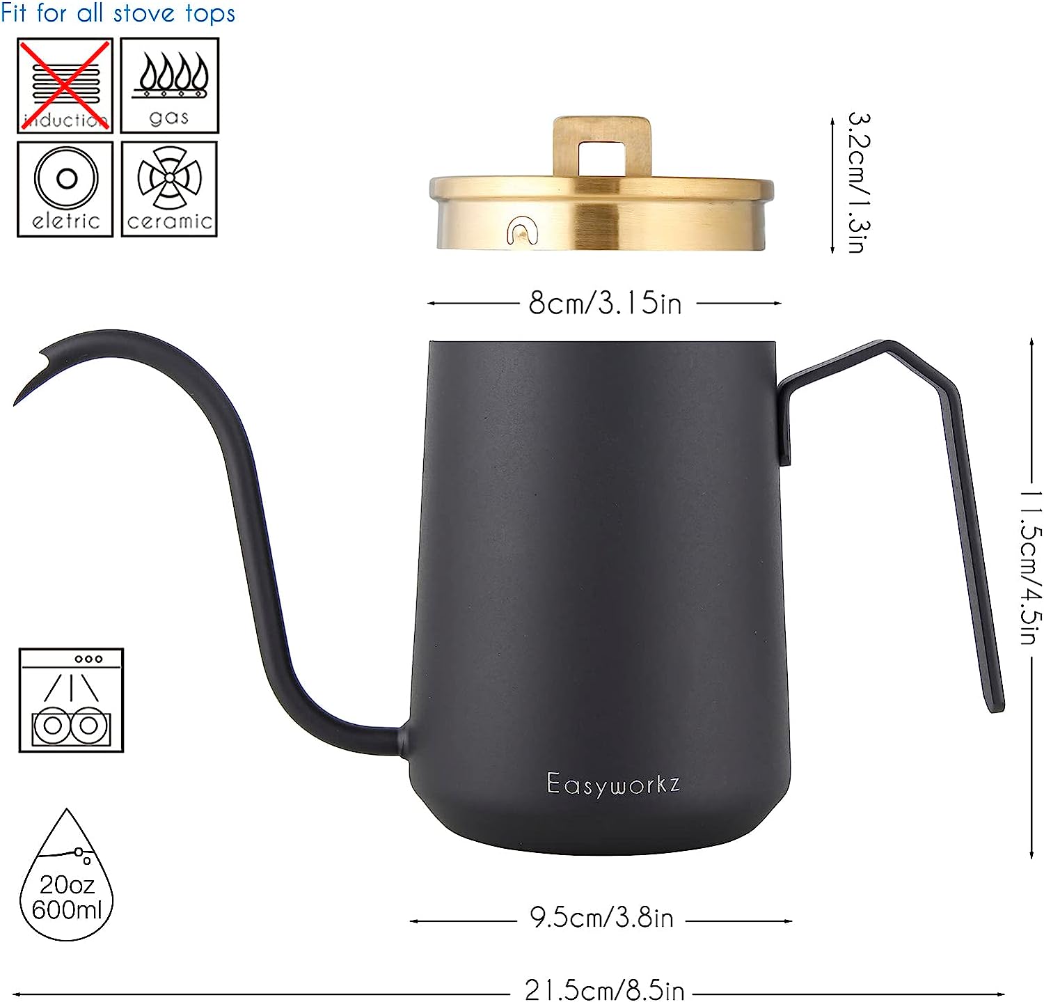 Gooseneck Pour Over Coffee Kettle 20 oz Stainless Steel Hand Drip Coffee Pot With Long Narrow Spout