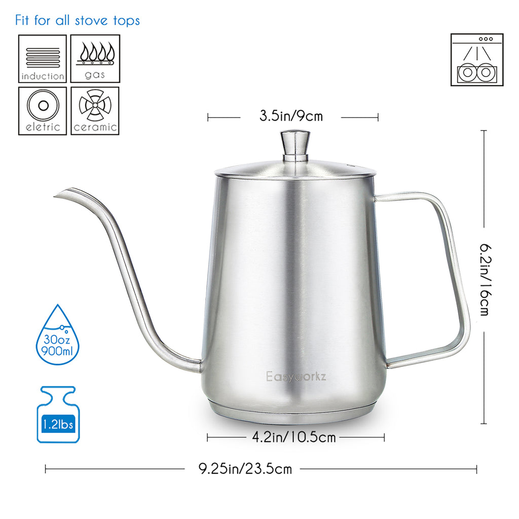 Easyworkz Gooseneck Pour Over Coffee Kettle 30 fl oz / 900 ml Stainless Steel Hand Drip Coffee Pot with Long Narrow Spout Suitable for Induction Cookers, Silver