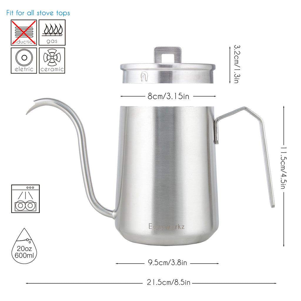 Gooseneck Pour Over Coffee Kettle 20 oz Stainless Steel Hand Drip Coffee Pot With Long Narrow Spout