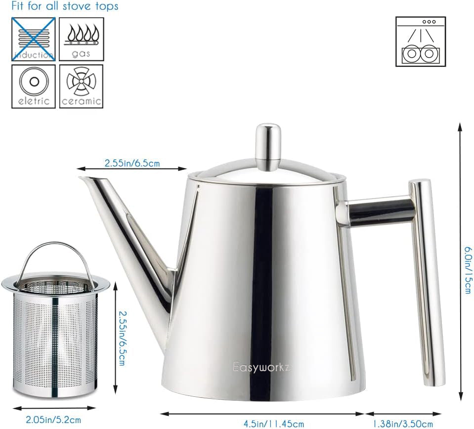 Easyworkz Stainless Steel Teapot with Removeable Infuser Stovetop Tea Maker for Fruit Herbal and Infusion Tea, 27 fl.oz / 800 ml