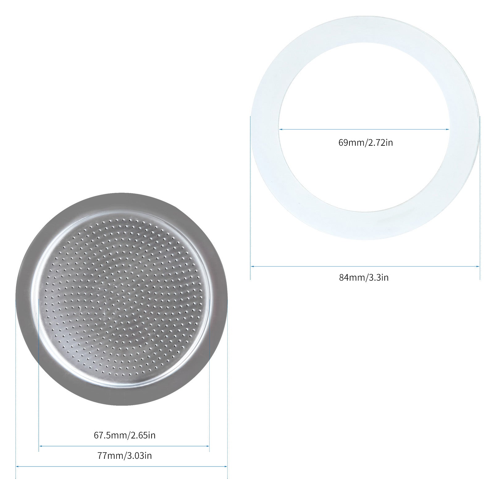 Easyworkz Stainless Steel Coffee Funnel Filter and Reducer & Set of Silicone Gasket Seals and Filter Screen, Espresso Maker Replacement
