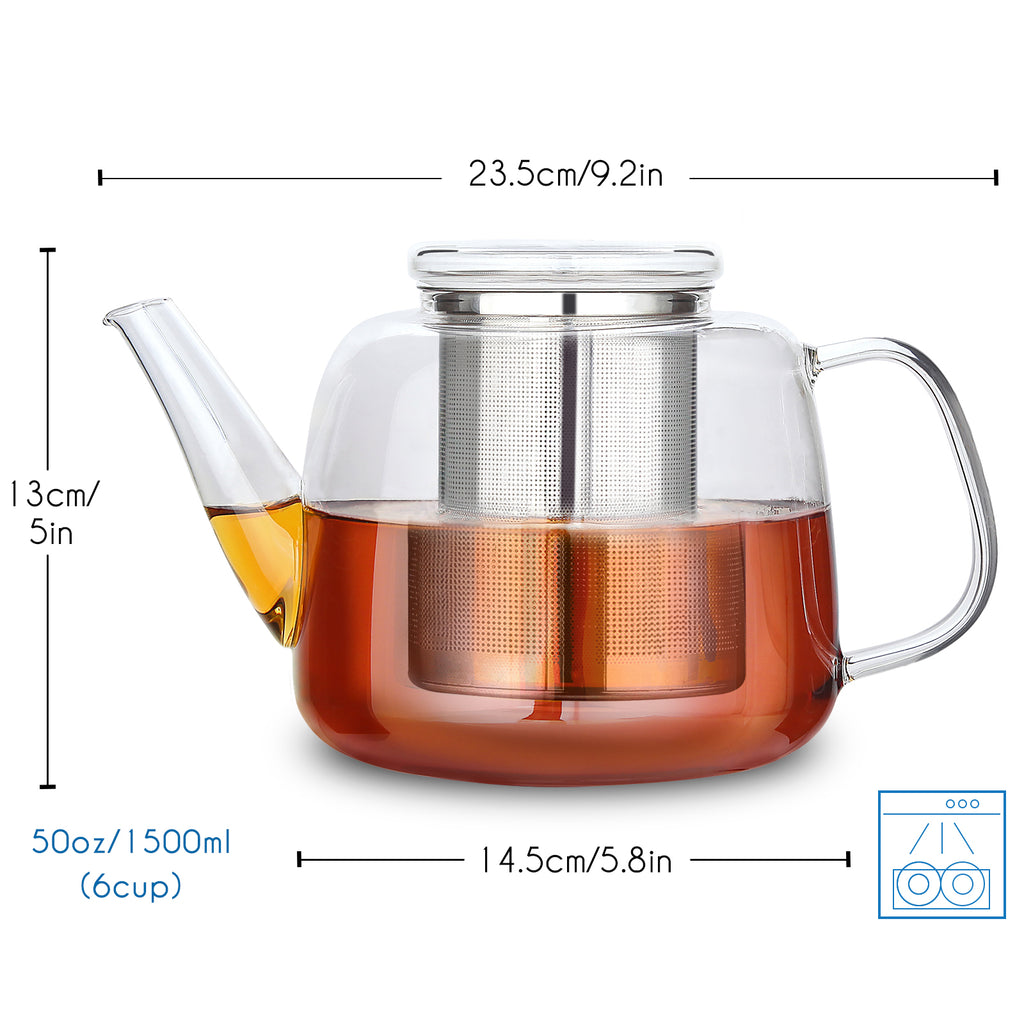 Easyworkz Borosilicate Glass Teapot 50oz / 1500ml with Large Stainless Steel Removable Loose Tea Infuser for Fruit Herbal and Infusion