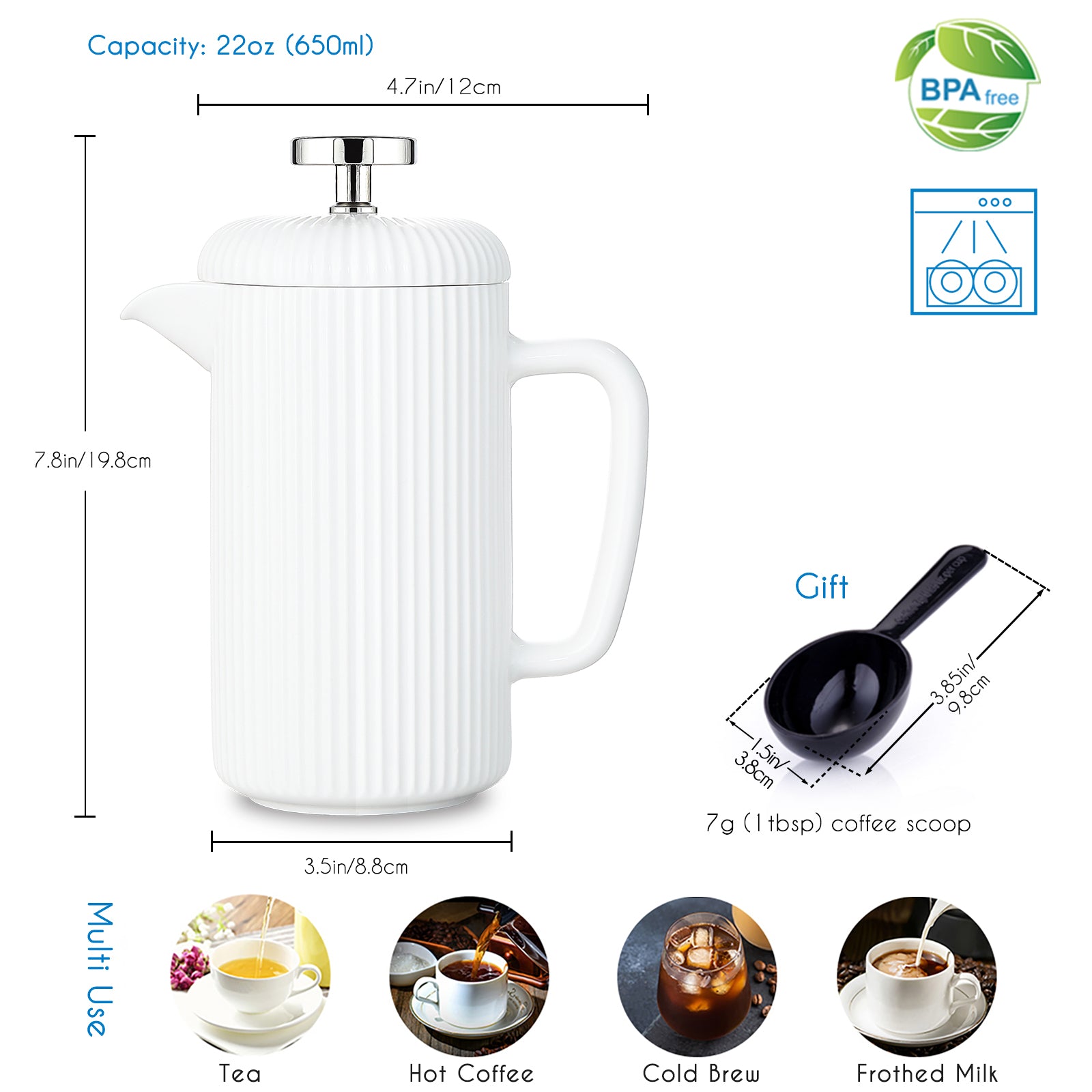 Easyworkz Porcelain French Press, Coffee Maker with Stainless Steel Plunger, Ivory