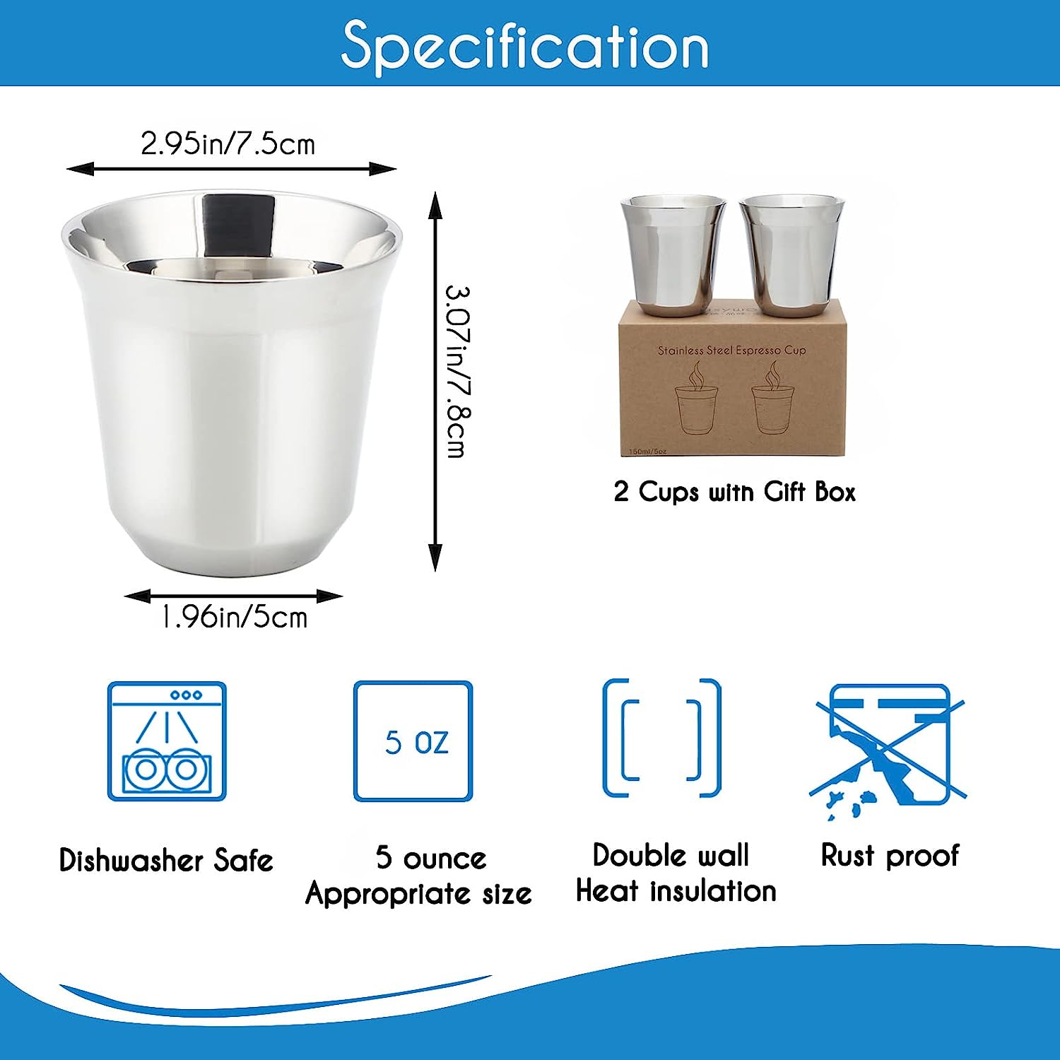 Easyworkz Stainless Steel Espresso Cup 2pcs Set 2.5-5 fl.oz( 75-150 ml) Double Wall Insulated Metal Demitasse Cups, Chrome