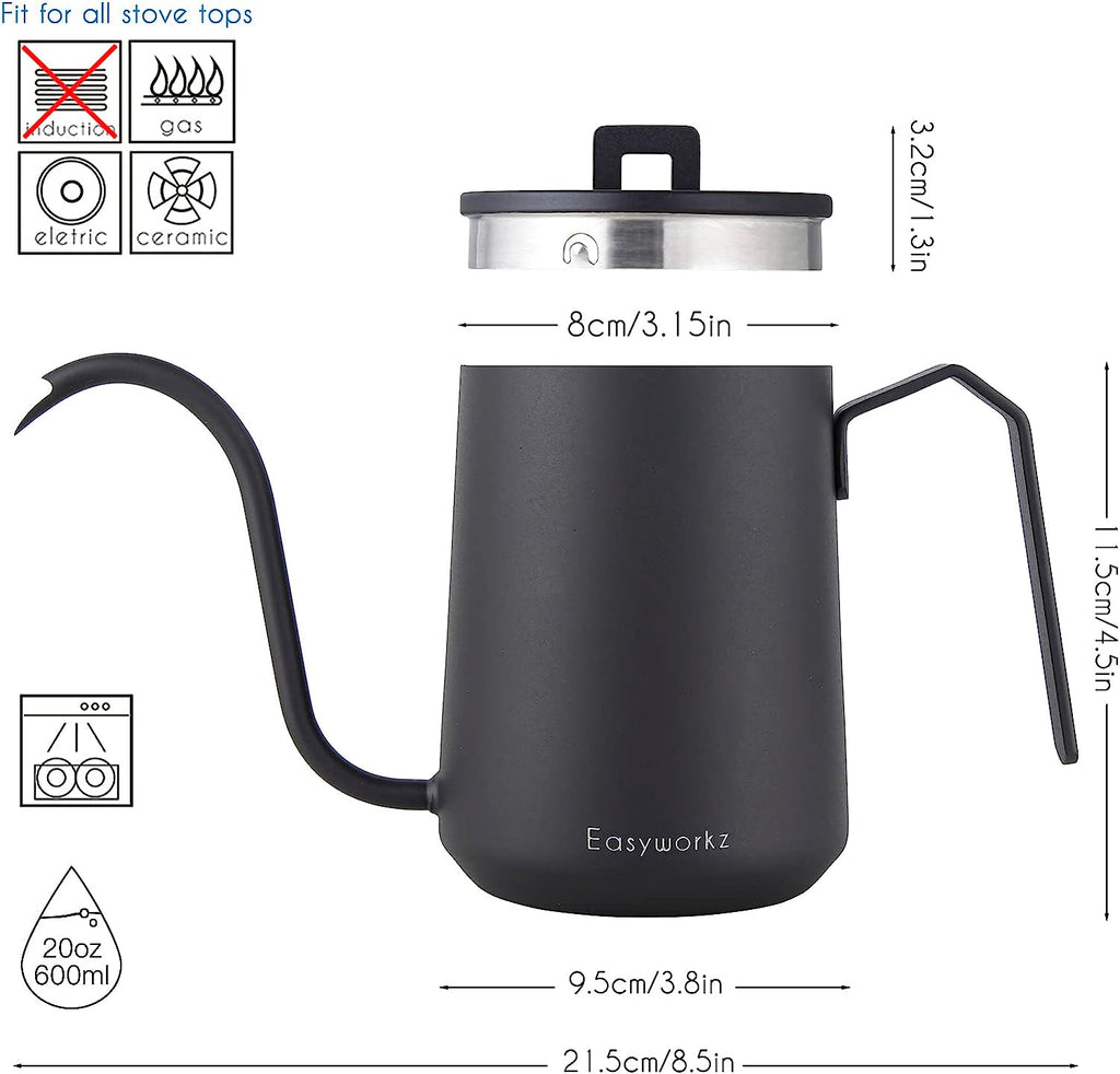 Gooseneck Pour Over Coffee Kettle 20 oz Stainless Steel Hand Drip Coffee Pot With Long Narrow Spout