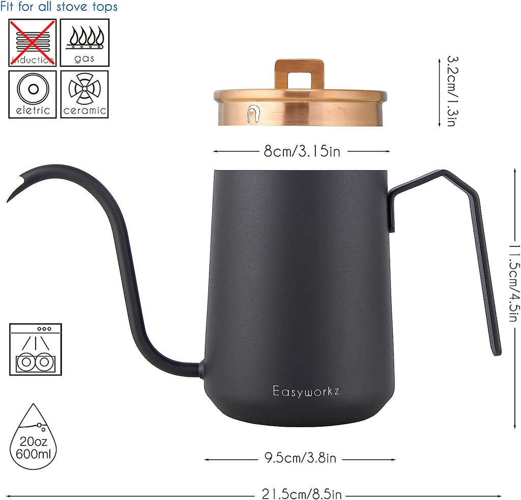 Gooseneck Pour Over Coffee Kettle 20 oz Stainless Steel Hand Drip Coffee Pot With Long Narrow Spout