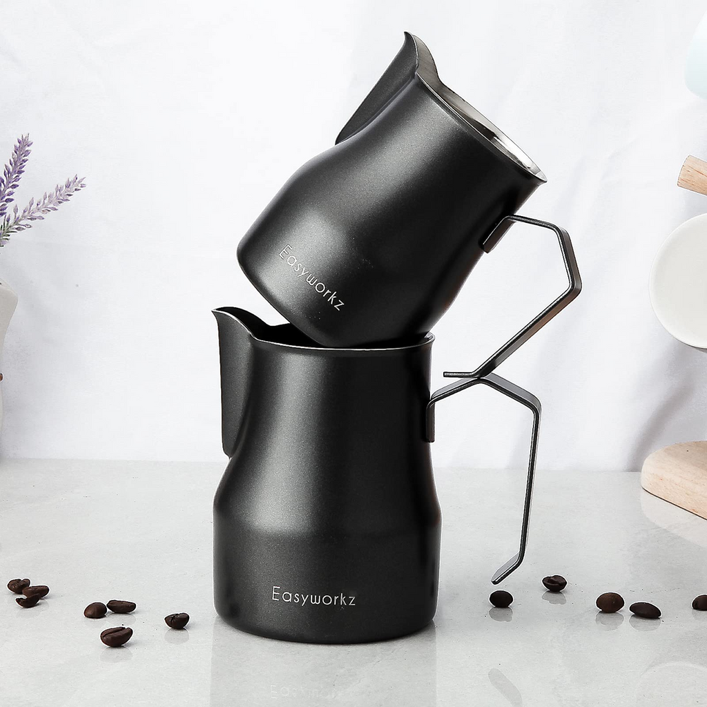 Easyworkz Espresso Steaming Pitcher 12-15 fl.oz(350-450 ml) Stainless Steel Coffee Frothing Picther Milk Jug Cappuccino Latte Art Cup, Black