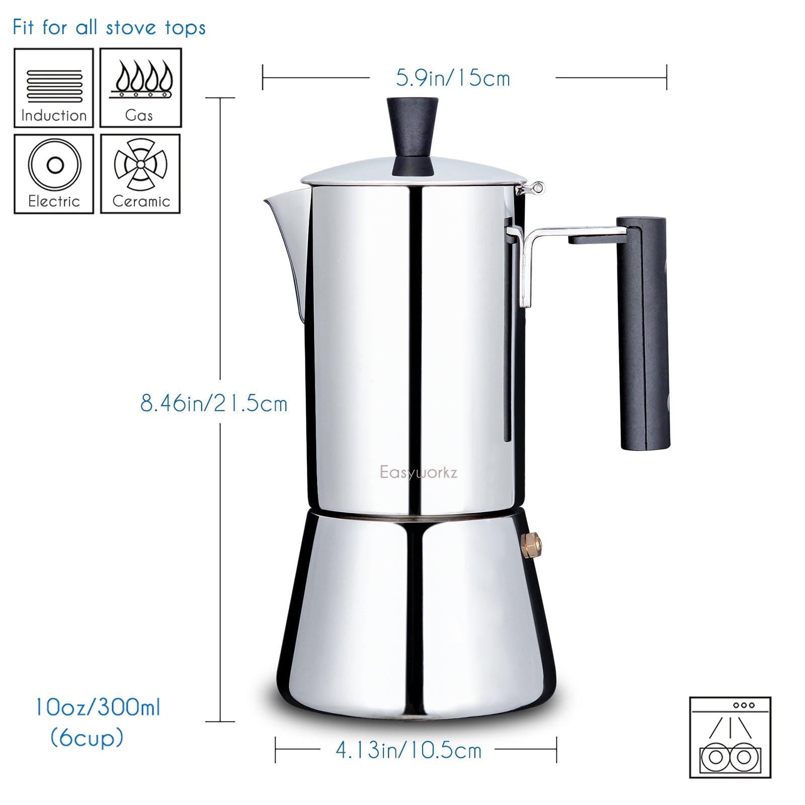 Easyworkz Pedro Espressokocher für Herdplatten 300 ml / 10 fl oz Edelstahl Italienische Kaffeemaschine Espressokanne Mokkakanne Induktions-Espressokanne