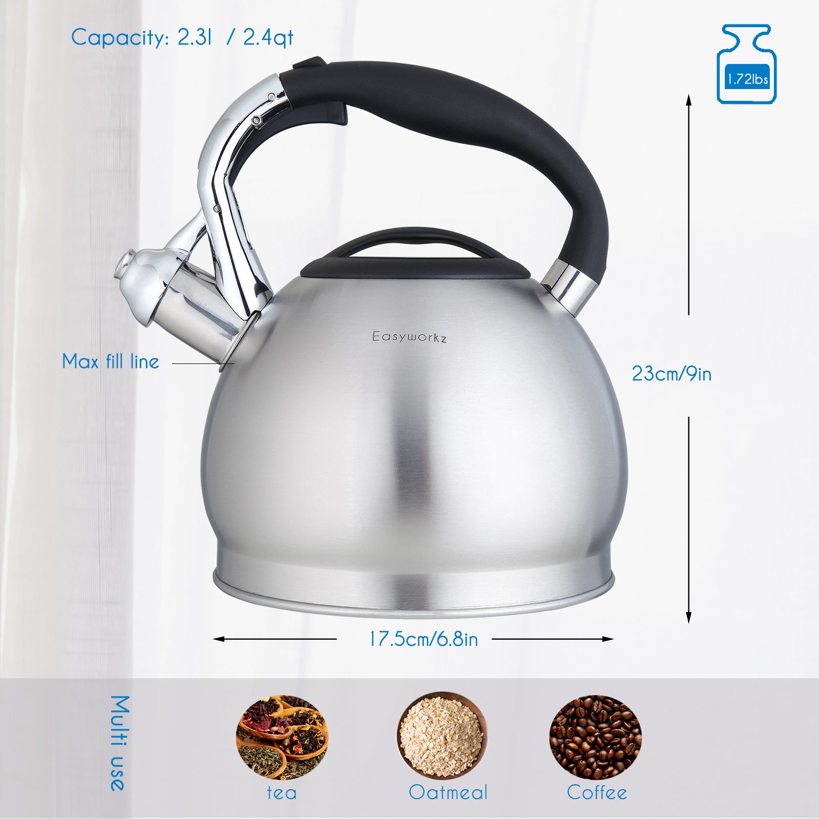 Easyworkz Whistling Stovetop Tea Kettle Food Grade Stainless Steel Hot Water Tea Pot With Loud Whistle, 2.4 qt / 2.3 L