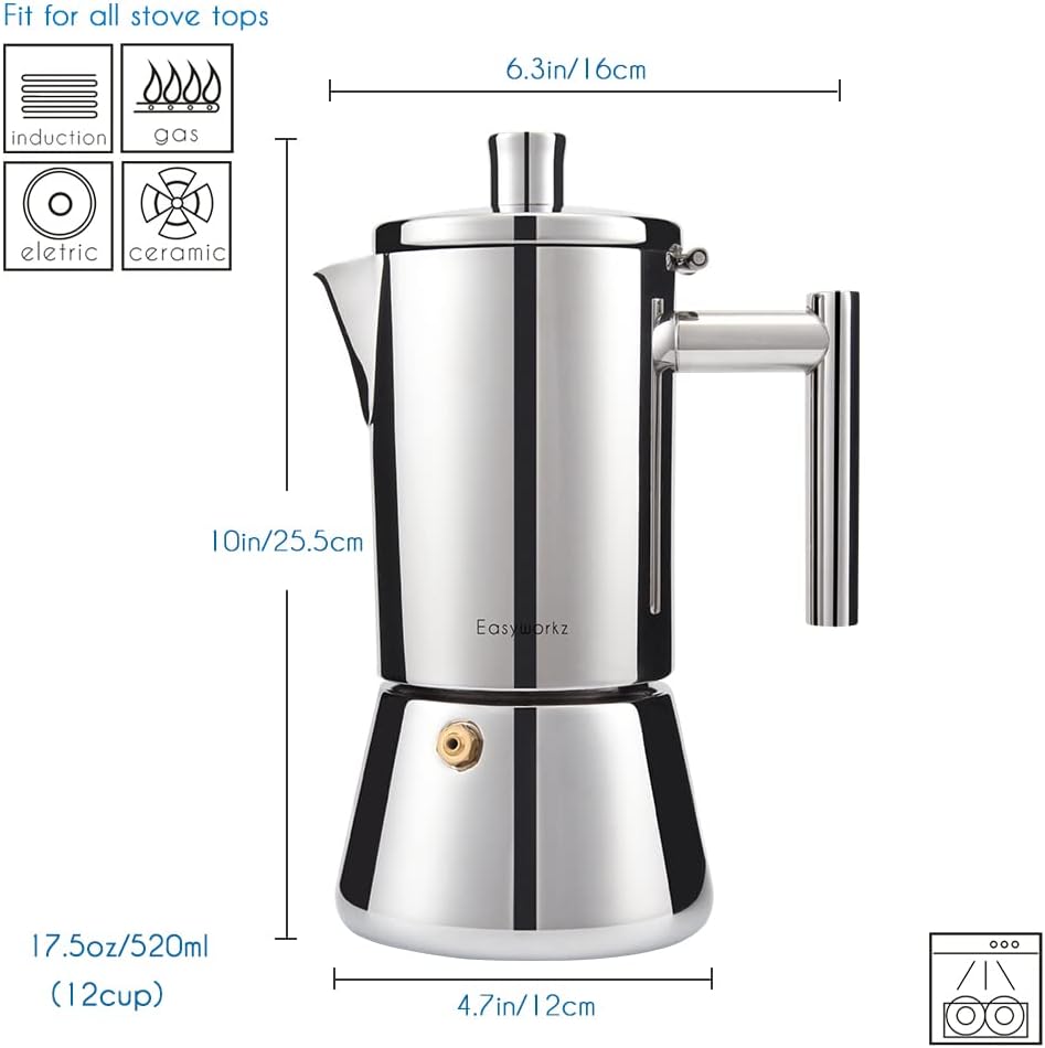 Easyworkz Diego Stovetop Espresso Maker Stainless Steel Italian Coffee Machine Maker Induction Moka Pot