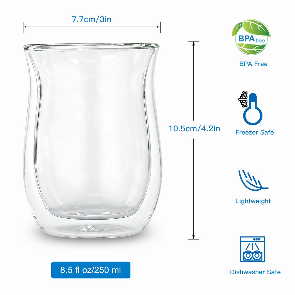 Easyworkz Double Walled Glass Coffee Mugs,Set of 2 (8.5 fl oz / 250ml) - Clear Borosilicate Glass Cups for Coffee, Tea, Whiskey, Cocktails & All Beverages