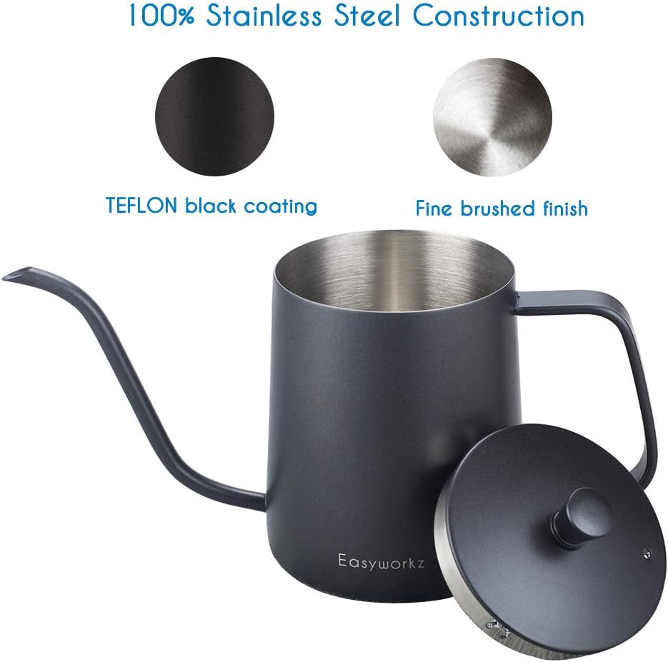 Easyworkz Gage Gooseneck Pour Over Coffee Kettle 12 fl.oz / 350 ml Stainless Steel Hand Drip Coffee Pot With Long Narrow Spout, Black