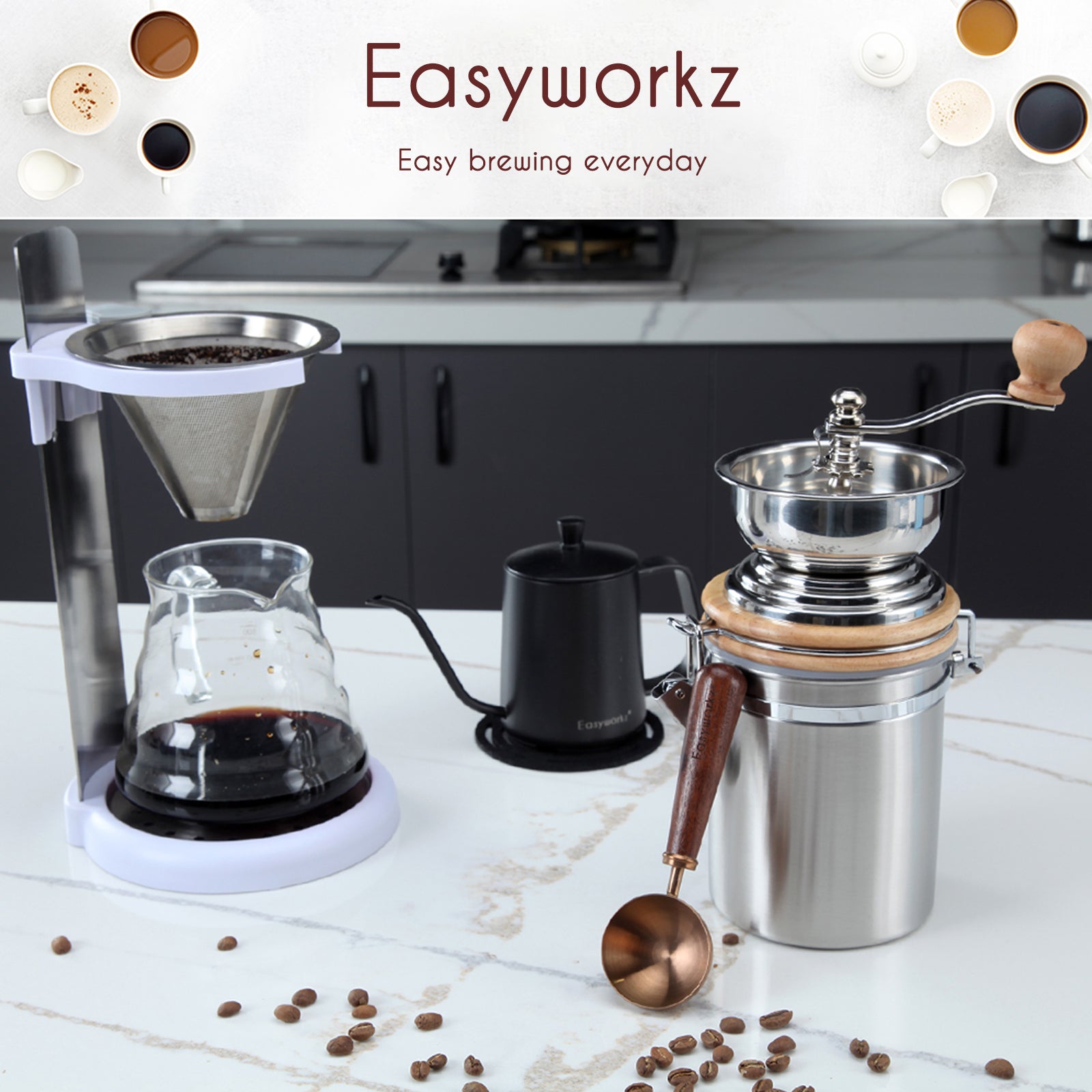 Easyworkz Manual Coffee Grinder - Adjustable Settings Airtight Canister - Coffee Bean Mill Tool for Kitchen Hand Crank Coffee Grinder