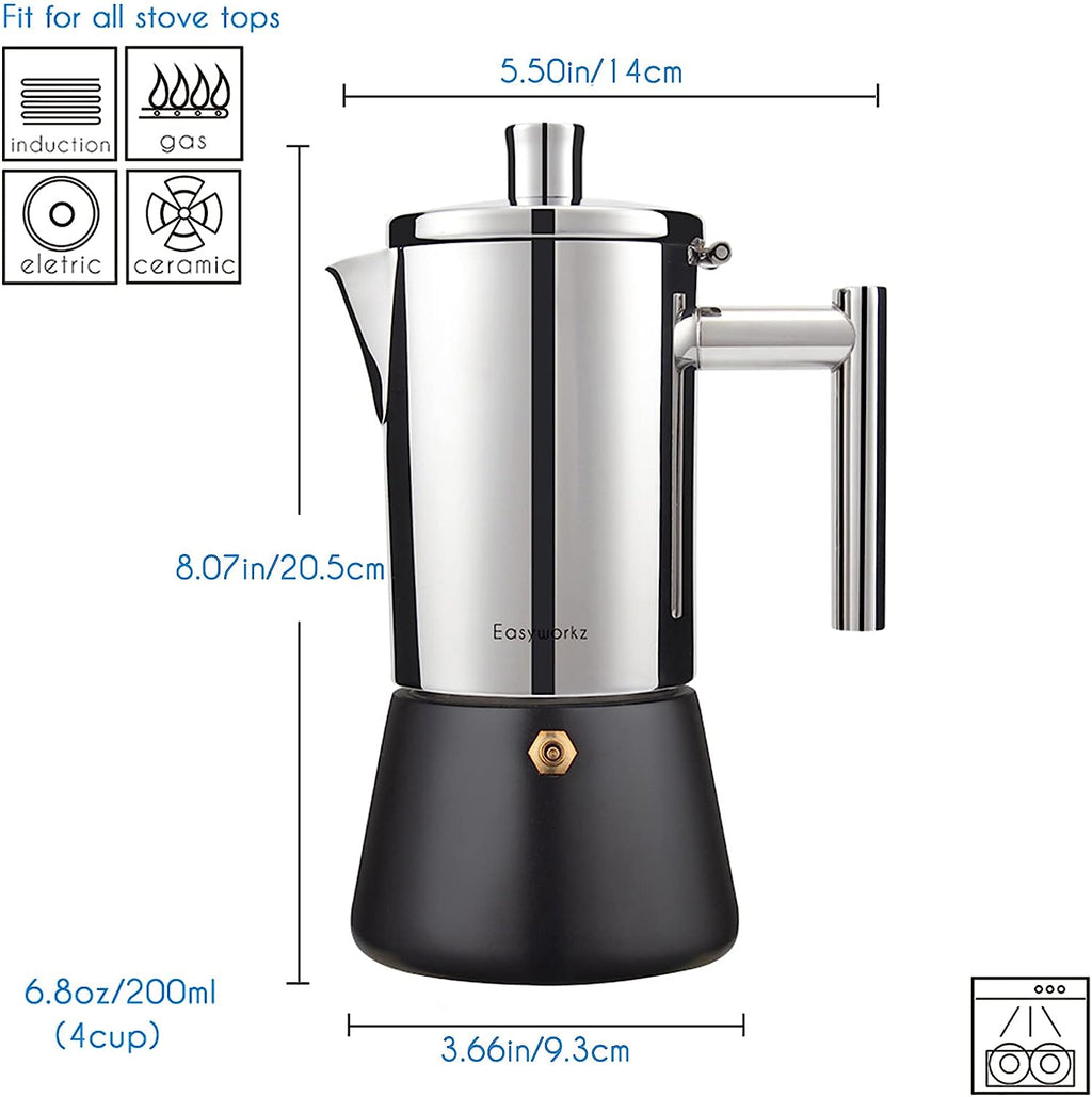 Easyworkz Diego Espressokocher aus Edelstahl, italienische Kaffeemaschine Induktion Mokkakanne, Schwarz