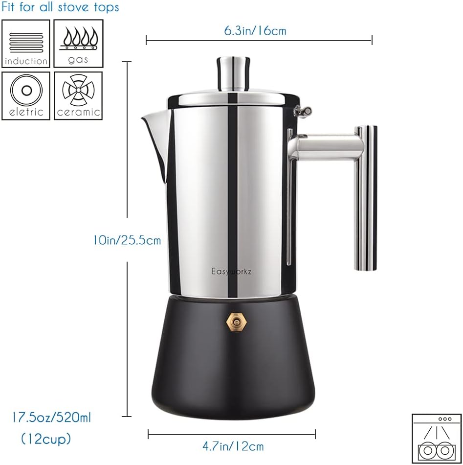 Easyworkz Diego Espressokocher aus Edelstahl, italienische Kaffeemaschine Induktion Mokkakanne, Schwarz