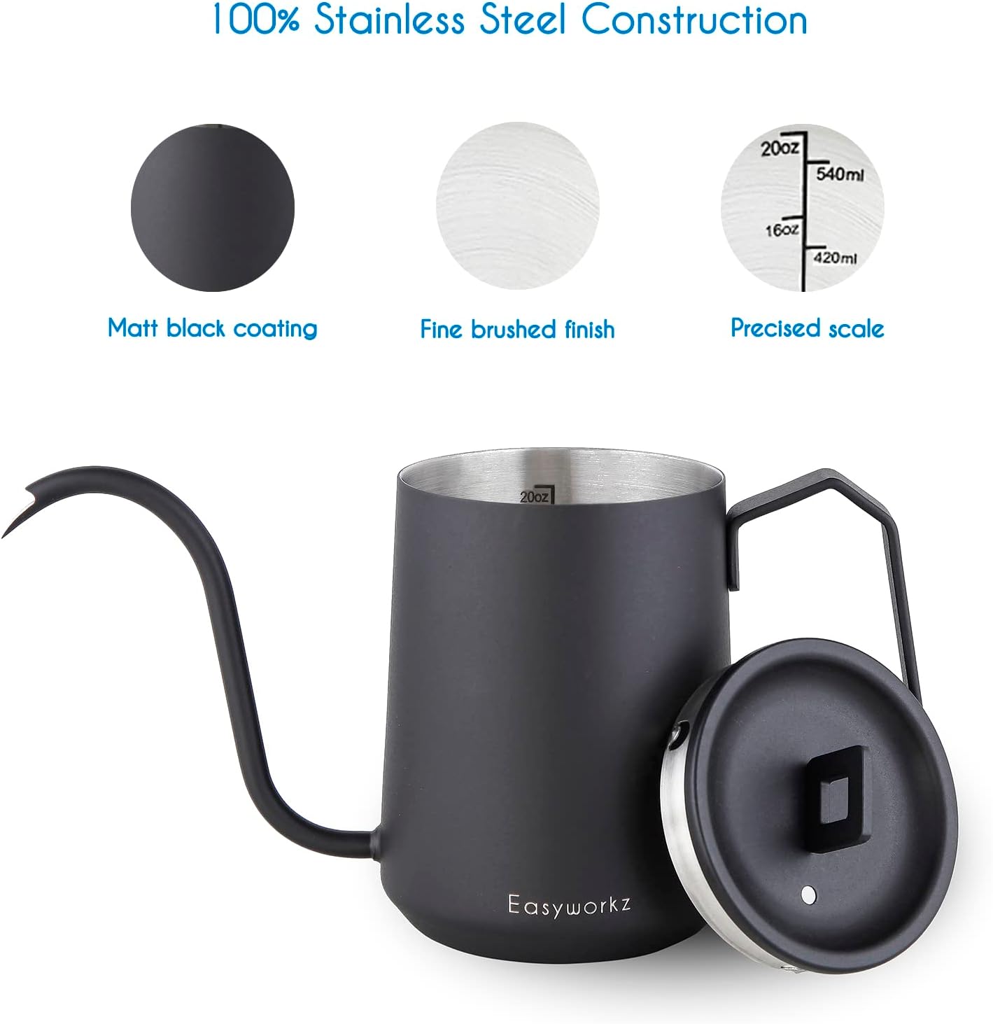 Gooseneck Pour Over Coffee Kettle 20 oz Stainless Steel Hand Drip Coffee Pot With Long Narrow Spout