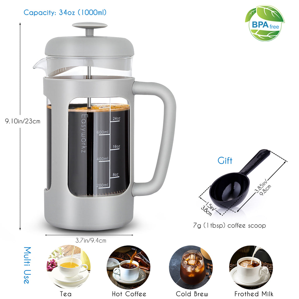 Easyworkz French Press 34 fl.oz / 1000 ml Coffee Tea Maker with Borosilicate Glass,Soft Grip Handle, Light Grey